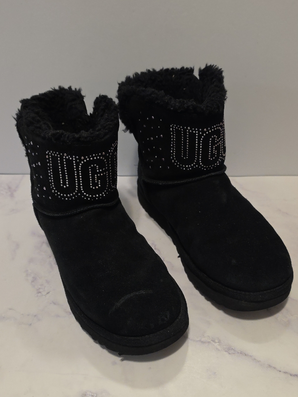 UGG Black Short Shearling Boots with Rhinestone Logo